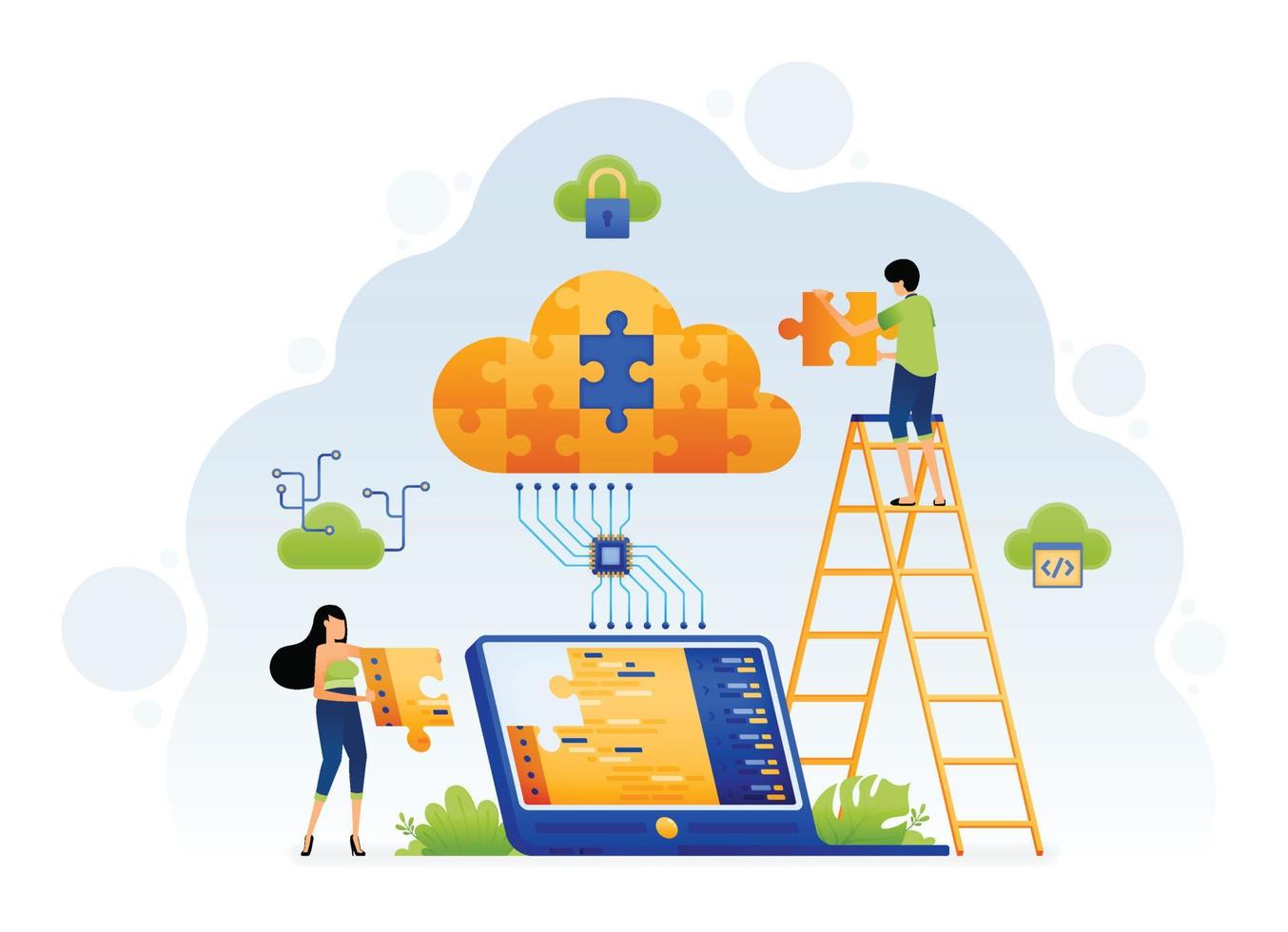 Illustration of people solve problems on tech cloud systems with cooperation and collaboration in app development. Design can be for landing page website poster banner mobile apps web social media ads vector