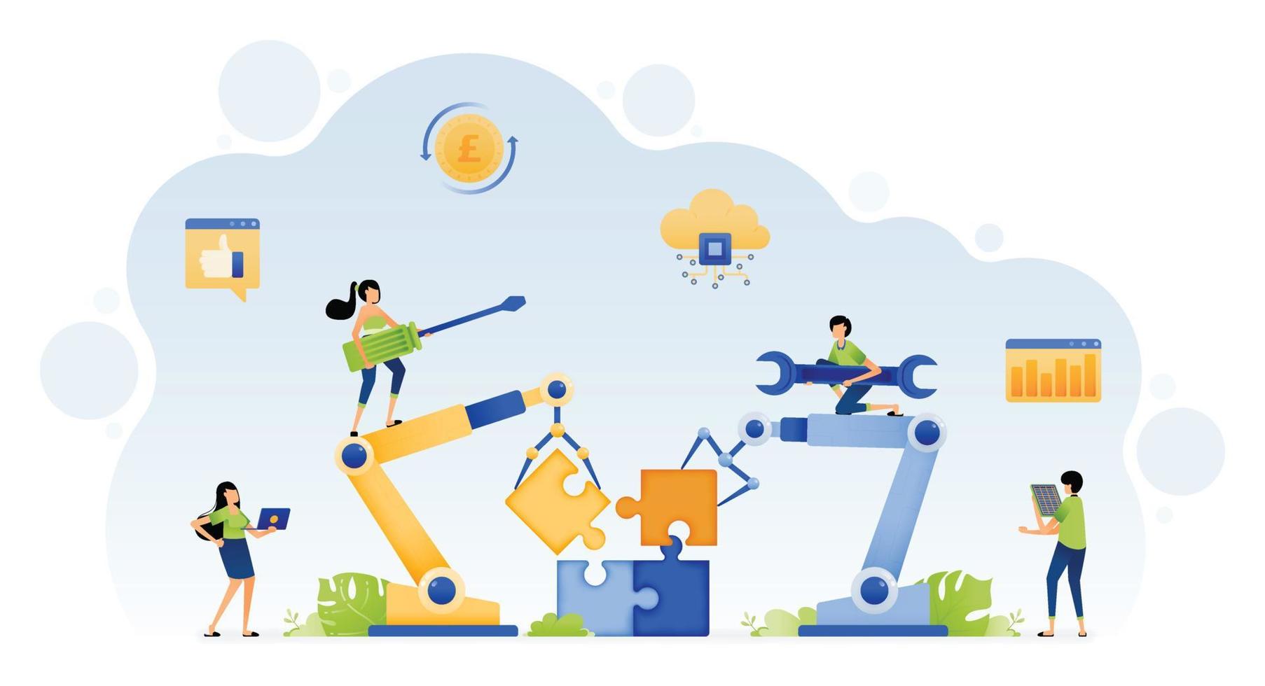 Illustration of people make artificial intelligence tech with machine learning to control robot in puzzle problem solving. Design can be for landing page website poster banner flyer mobile app web ads vector