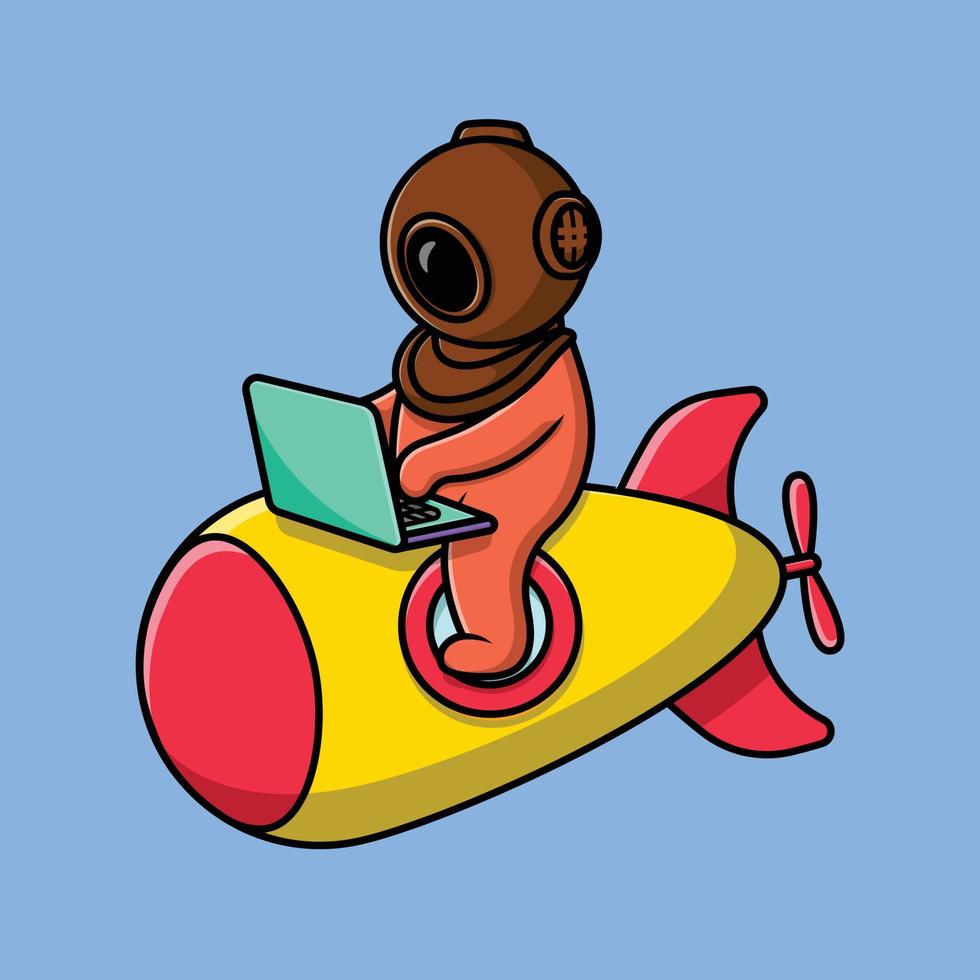 Cute Diver Working With Laptop On Submarine Cartoon Vector Icon Illustration. Science Technology Flat Cartoon Concept