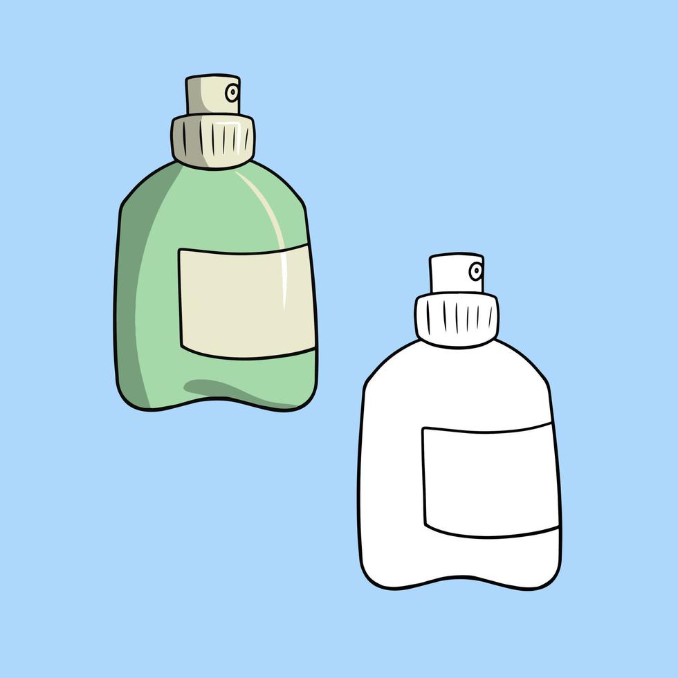 A set of pictures, a green plastic bottle, a spray bottle, a vector illustration in cartoon style on a colored background