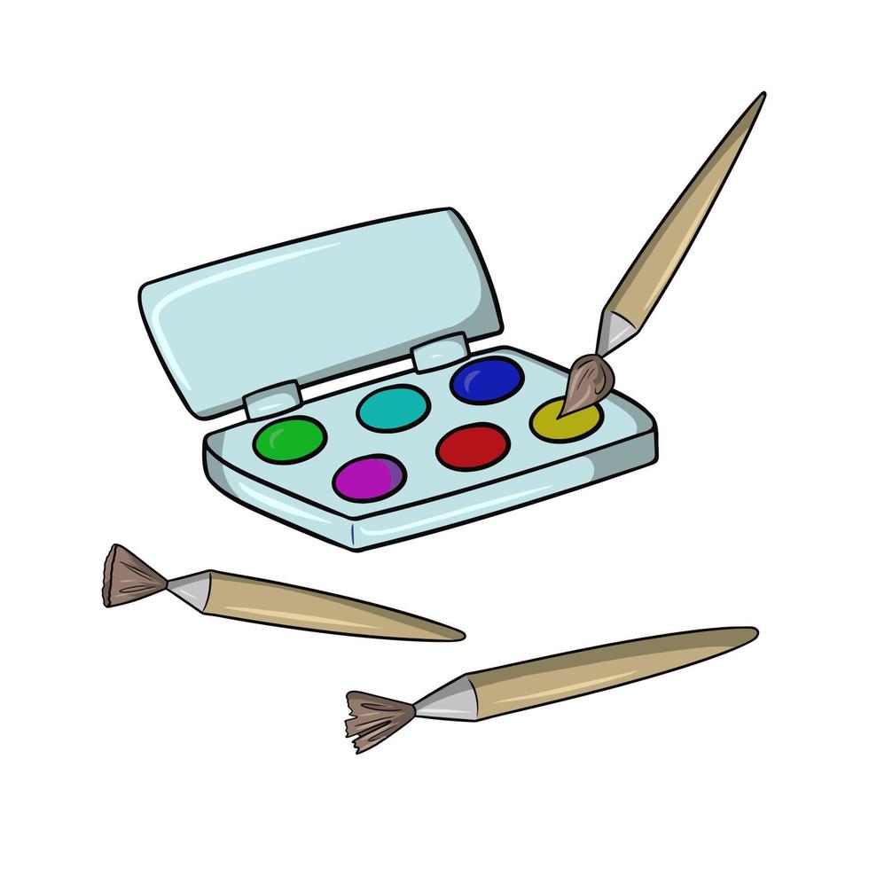 A set of pictures, brushes and a square box with watercolor paints, return to school, drawing tools, vector cartoon illustration on a white background