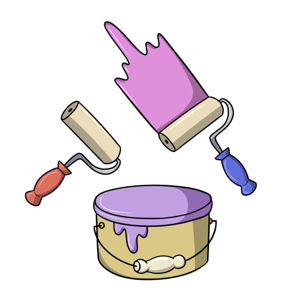 A set of pictures, different paint rollers with paint, repairs in the apartment, vector cartoon illustration on a white background