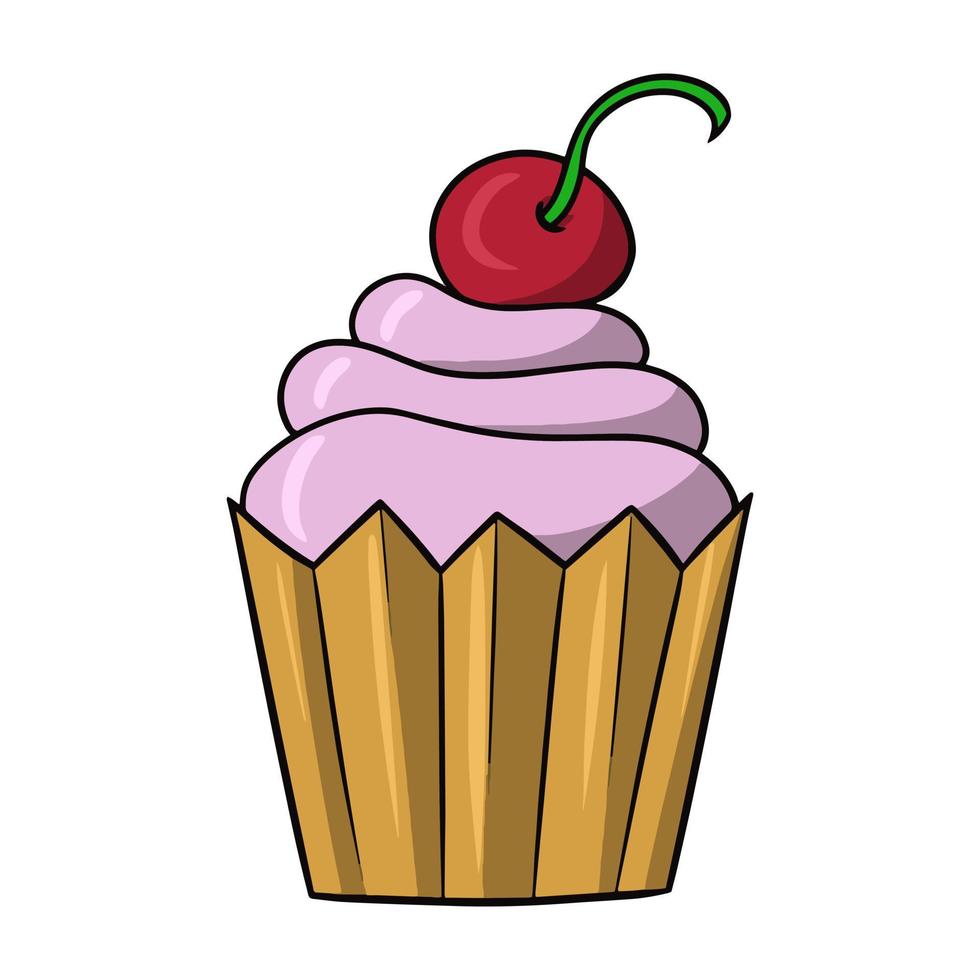 Pink Delicious cupcake with delicate cream and cherry berry, vector illustration in cartoon style on a white background