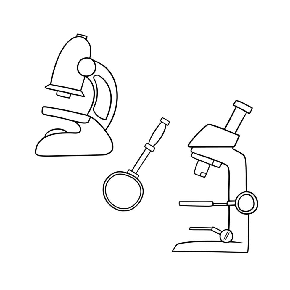 Monochrome Set of pictures, magnifying instruments for laboratory research, microscope and magnifying glass, vector illustration in cartoon style on a white background