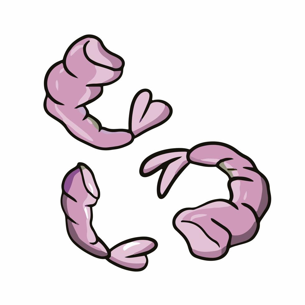 delicados trozos rosados de camarones, ingredientes para pizza, ensalada, deliciosos sándwiches, ilustración vectorial en estilo de dibujos animados sobre un fondo blanco vector