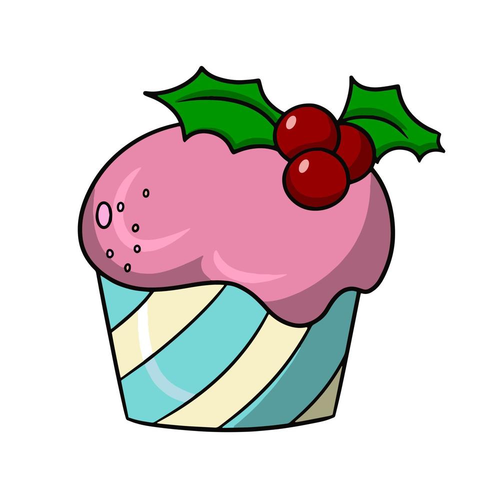 Delicious cupcake with delicate pink cream and berries , vector illustration in cartoon style on a white background