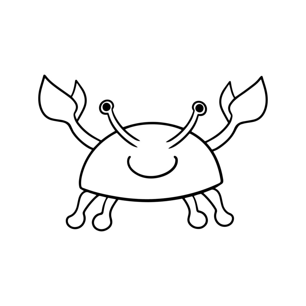 Monochrome picture, Sea life, cute smiling crab, vector illustration in cartoon style on a white background