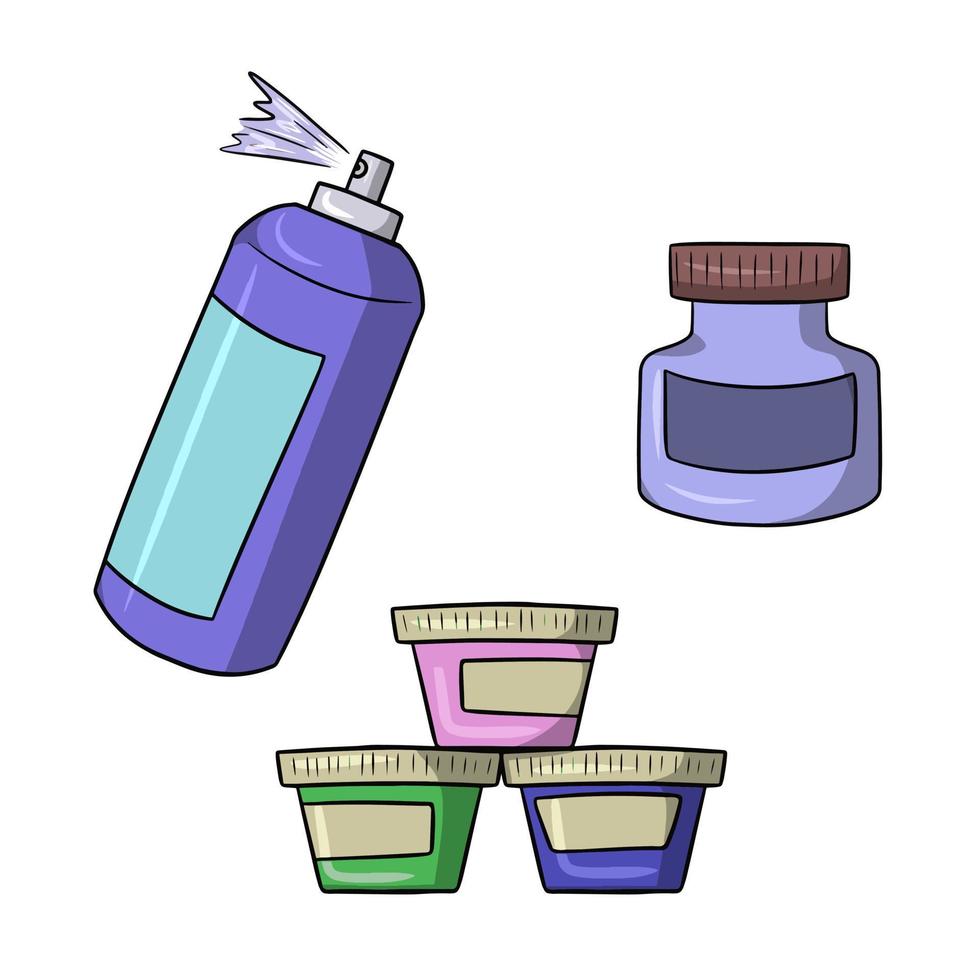 A set of different colorful jars with paints, vector illustration in cartoon style on a white background