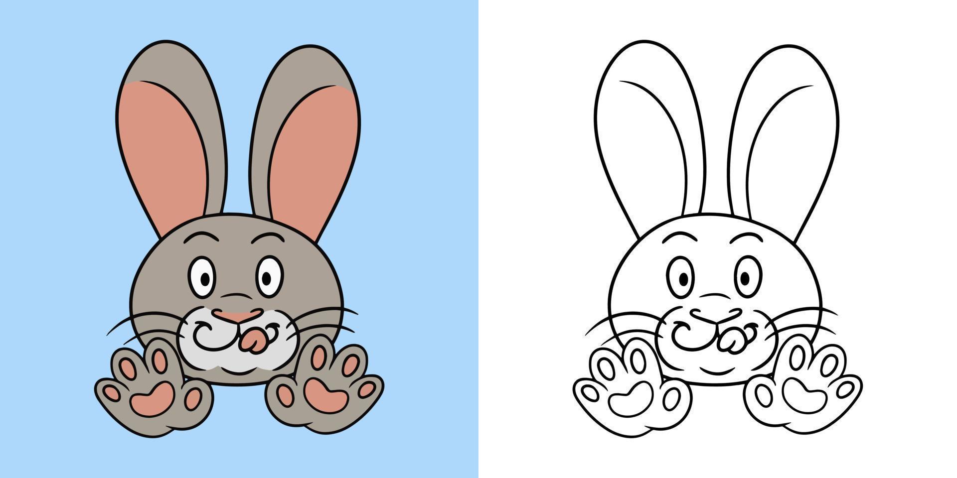 Horizontal picture for coloring book, Funny cute rabbit smiling and licking his lips, vector illustration in cartoon style