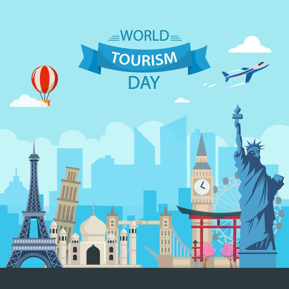 World Tourism Day. The inscription on the globe. Around the monuments of architecture. Flat vector illustration