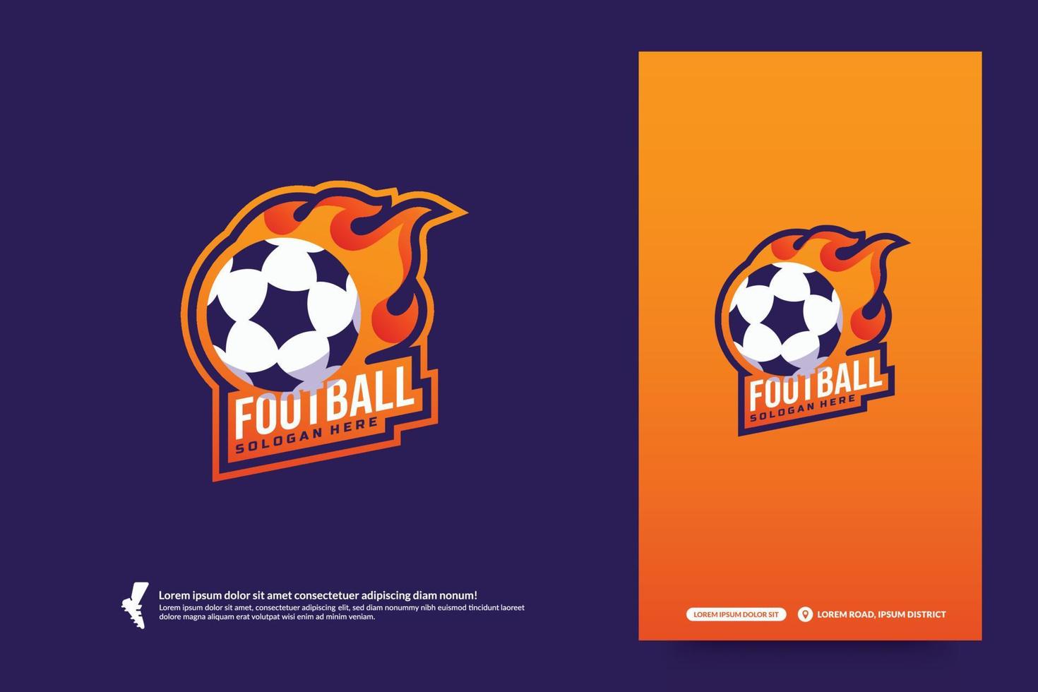 logotipo del club de fútbol con bola de fuego, plantilla de emblemas del torneo de fútbol. diseño de vector de identidad de equipo de insignia deportiva