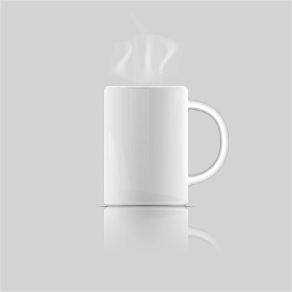 White ceramic mug. Realistic vector cup on isolated transparent background.