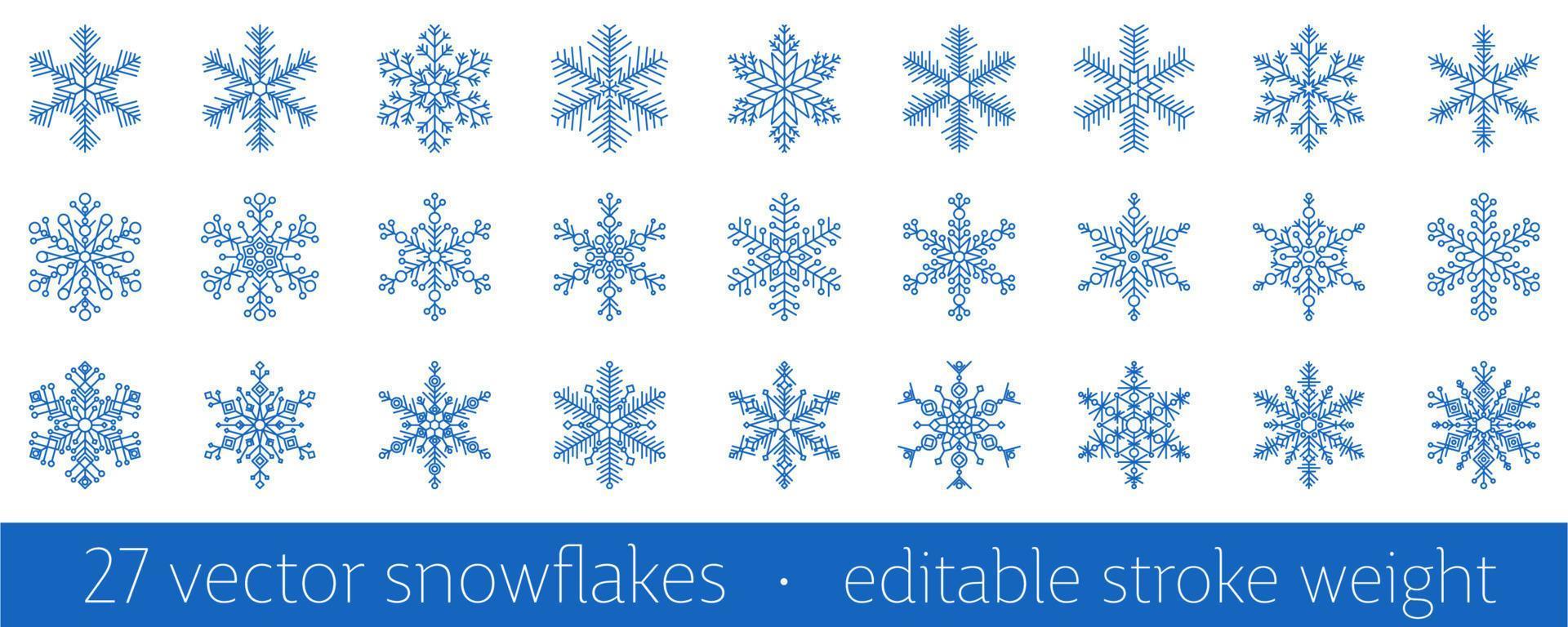 Set of 27 blue snowflake icon - a symbol of winter holidays vector