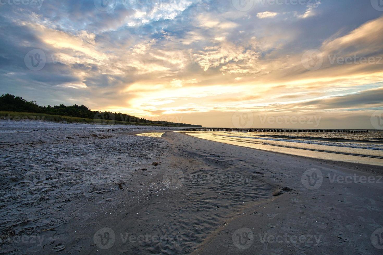 sunset on the baltic coast with clouds in the sky and reflections in the water. photo