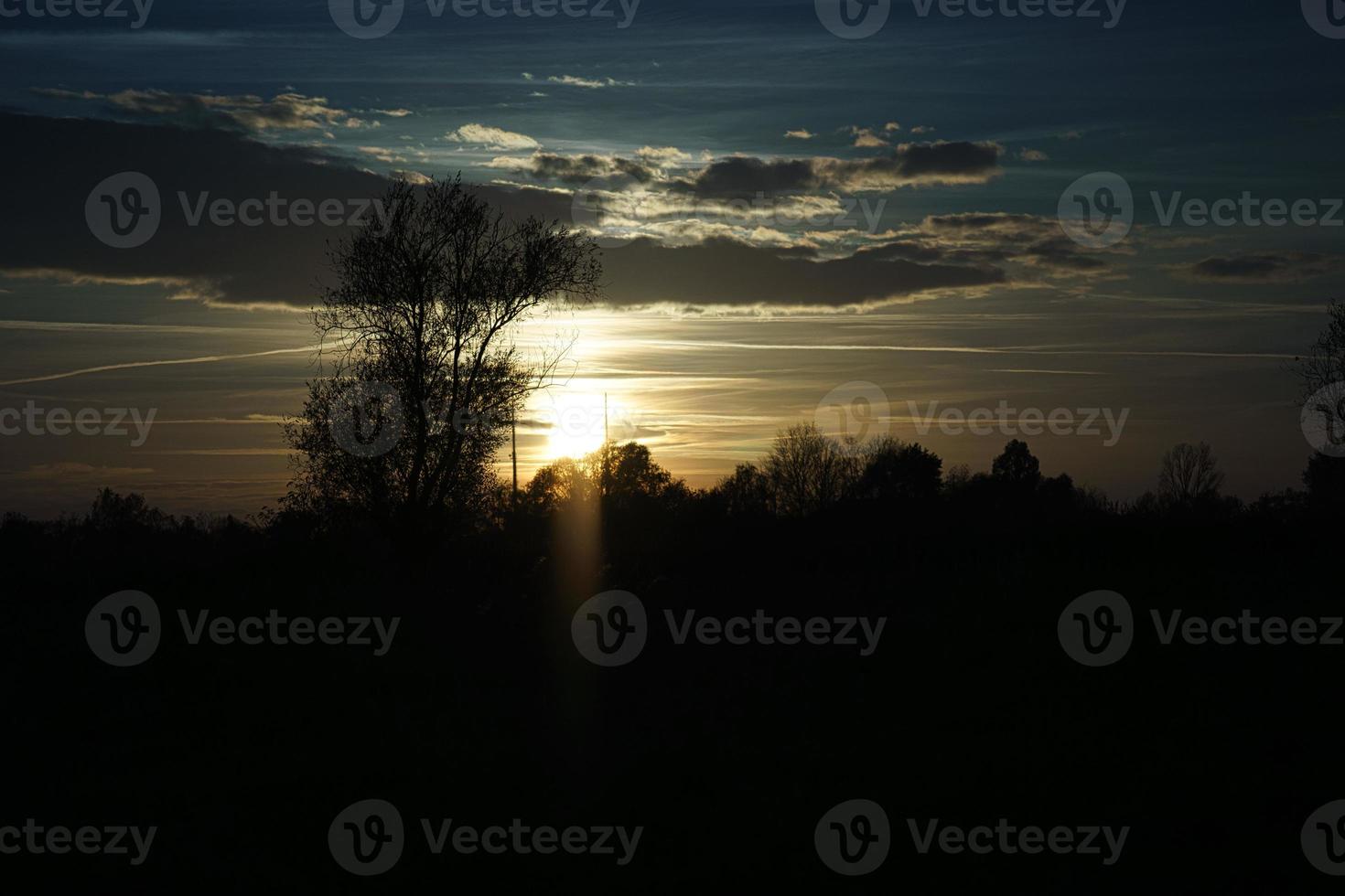 puesta de sol con cielo ardiente detrás de los árboles. foto