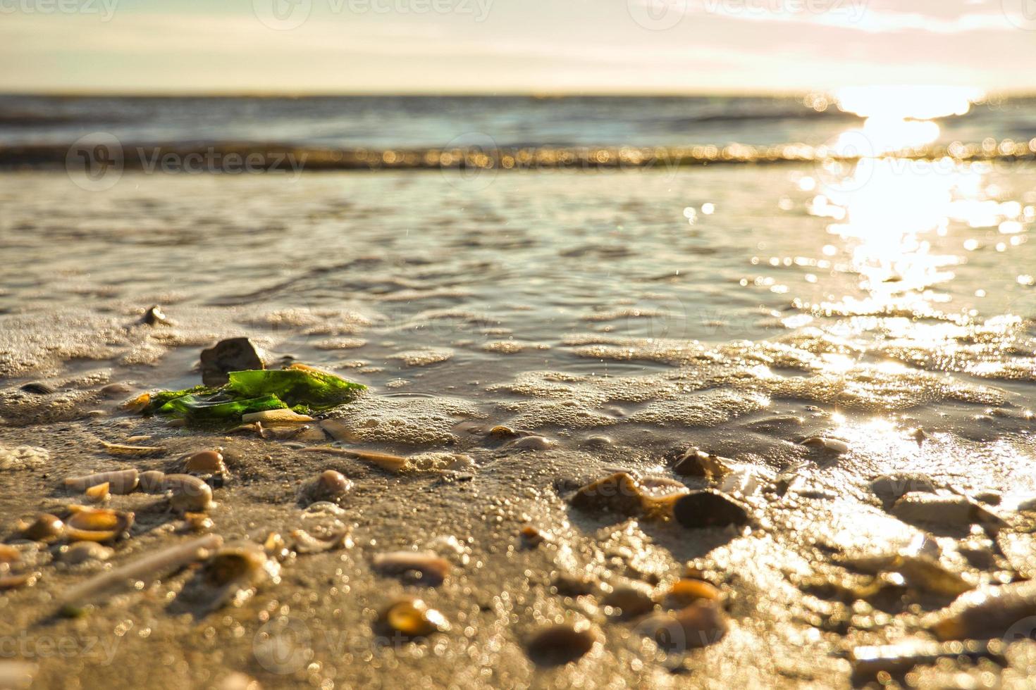 Sunset on the beach of Blavand in Denmark. Walking in the evening in great light atmosphere photo