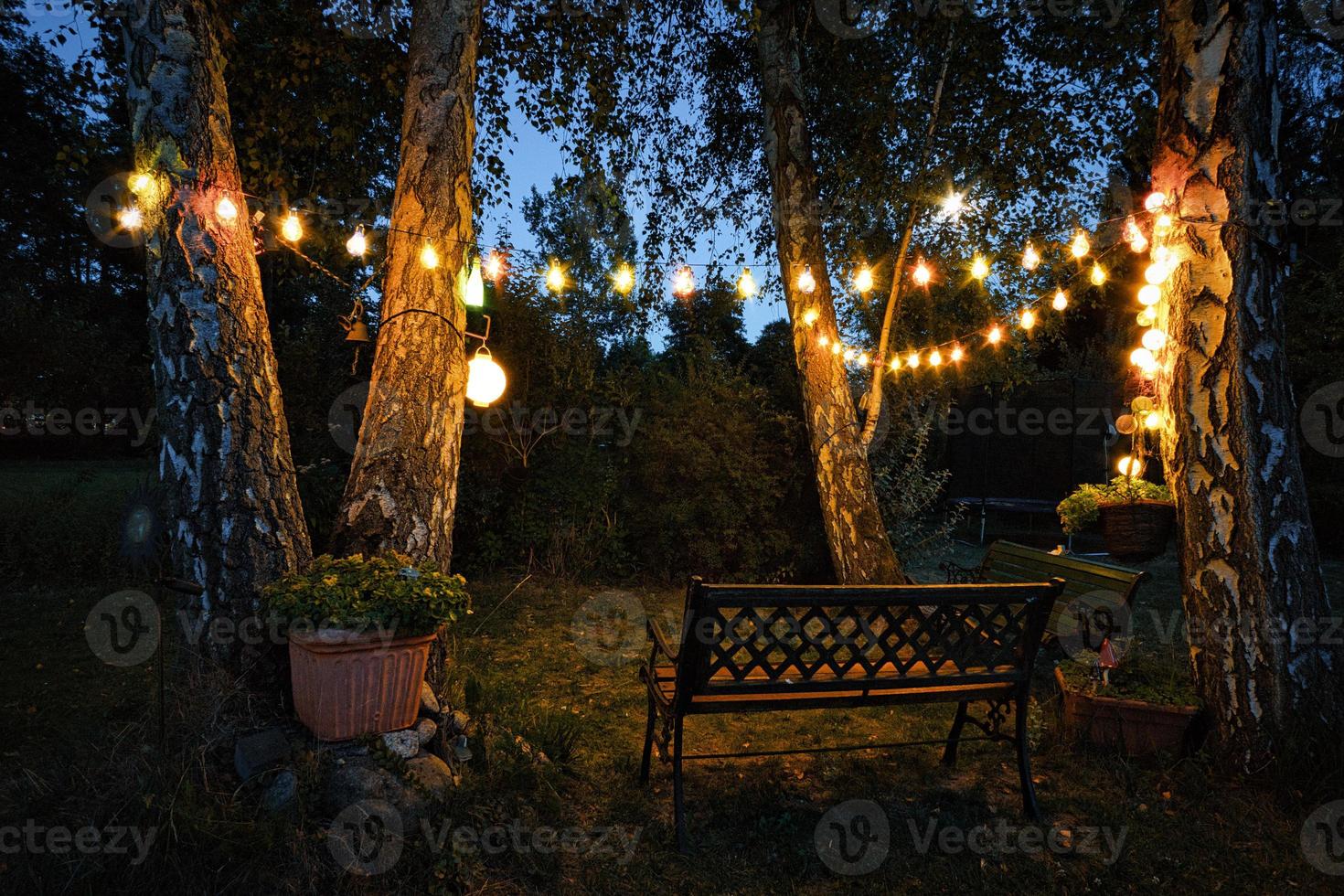 guirnalda de luces en el jardín con banco de jardín y rincón protegido oculto por setos por la noche. foto