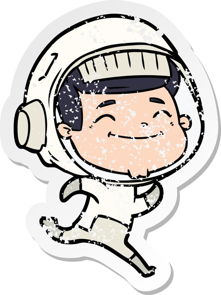 distressed sticker of a happy cartoon astronaut vector