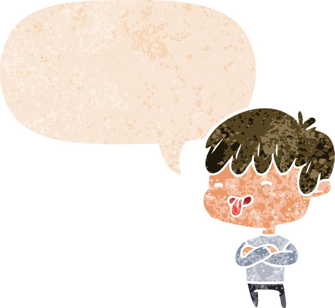 cartoon boy sticking out tongue and speech bubble in retro textured style vector