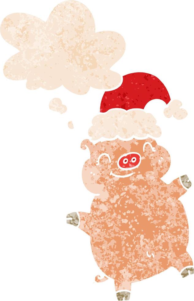caricatura, feliz navidad, cerdo, y, pensamiento, burbuja, en, retro, textura, estilo vector