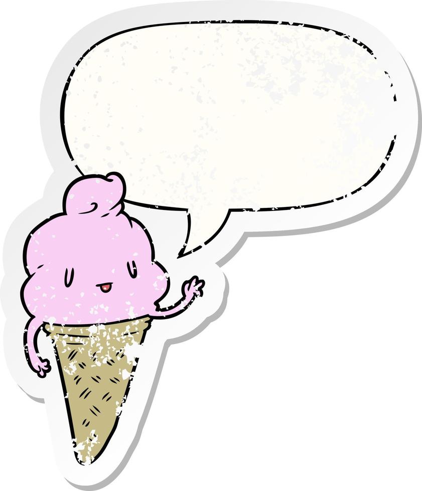 lindo helado de dibujos animados y etiqueta engomada angustiada de la burbuja del discurso vector