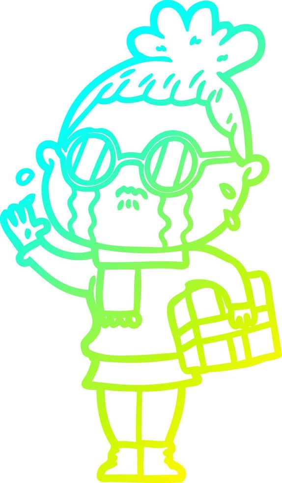 cold gradient line drawing cartoon crying woman wearing spectacles vector