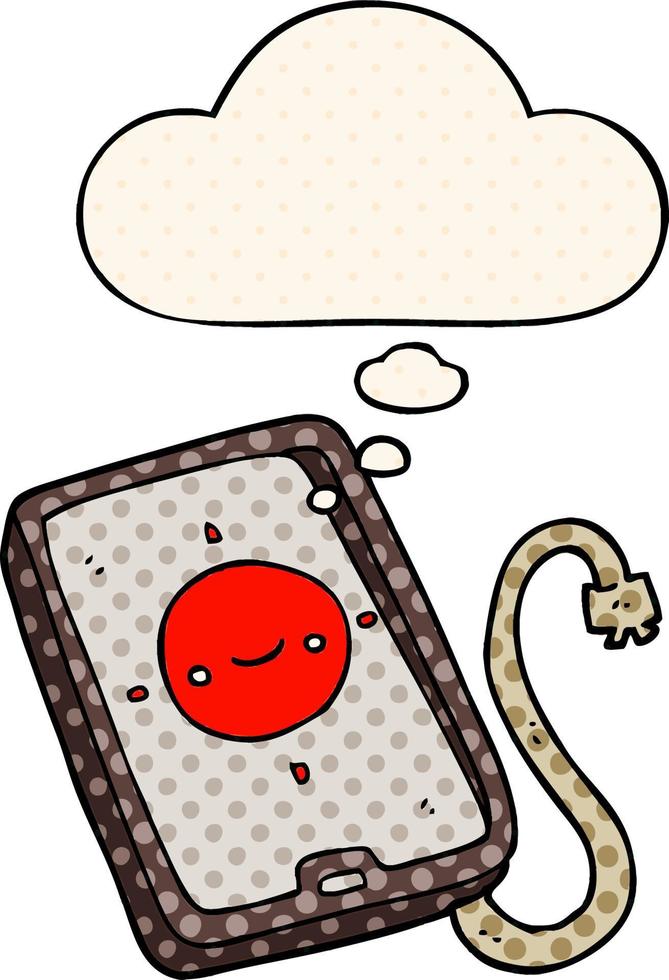 cartoon mobile phone device and thought bubble in comic book style vector
