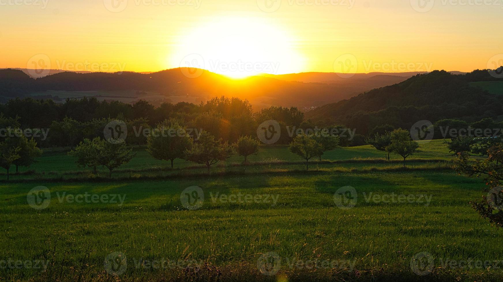 puesta de sol en el sarre en un prado con árboles y vistas al valle foto