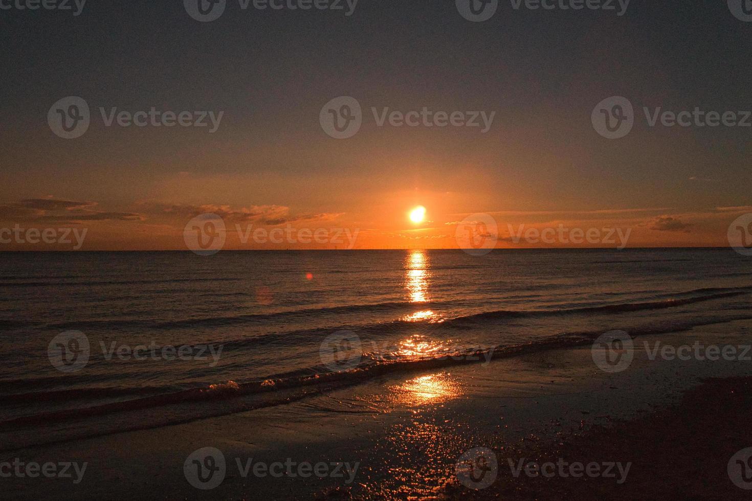 Sunset on the beach of Blavand in Denmark. Walking in the evening in great light atmosphere photo