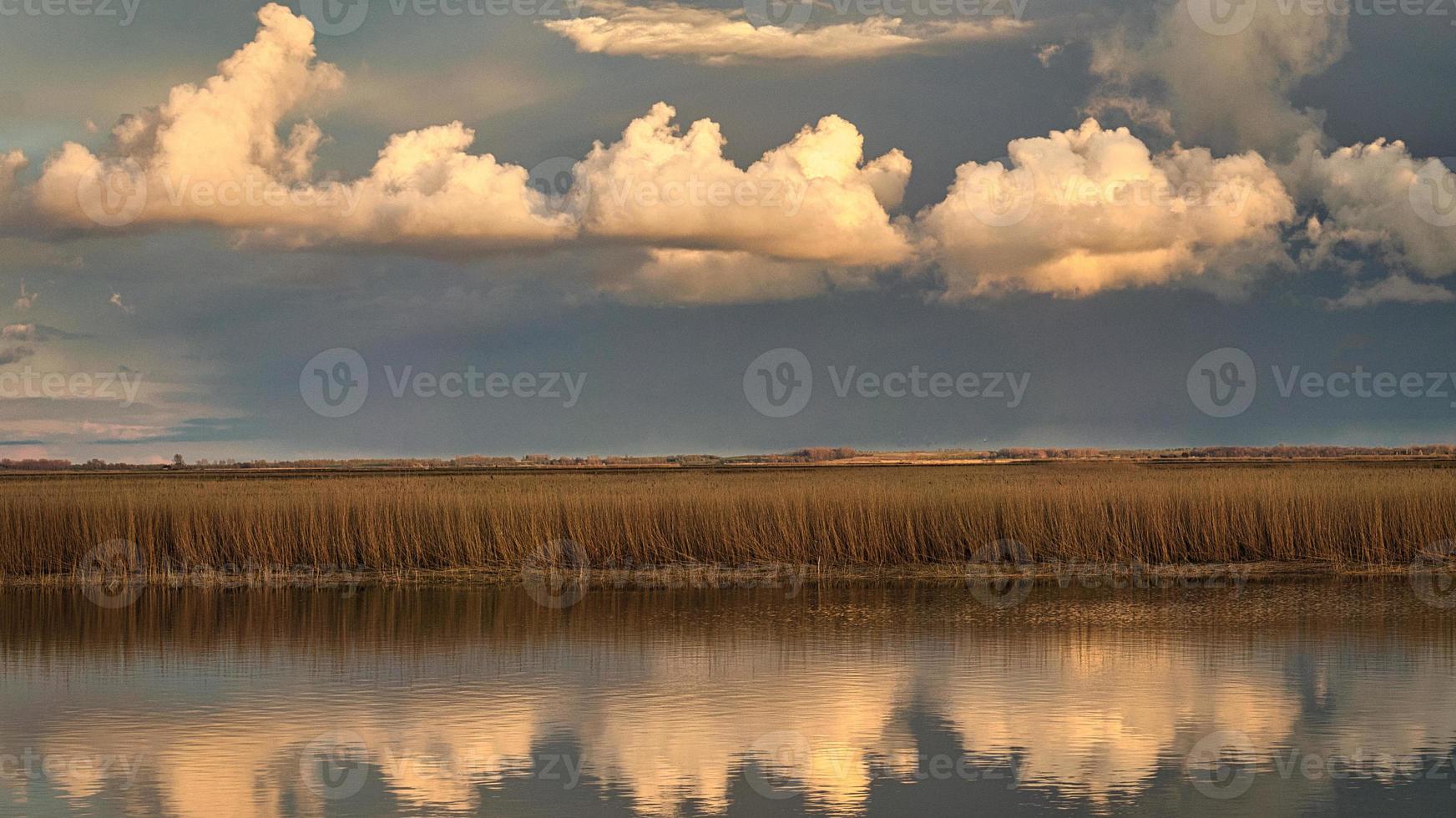 The Bodden landscape of Zingst with dramatic sky and reflection in the water photo