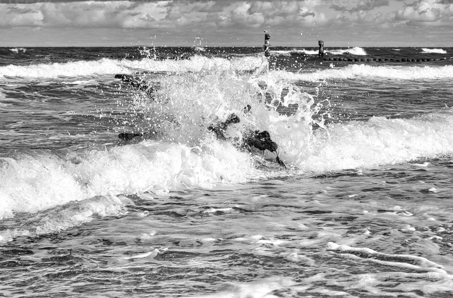 on the baltic sea beach with clouds, dunes, beach and that in black and white photo