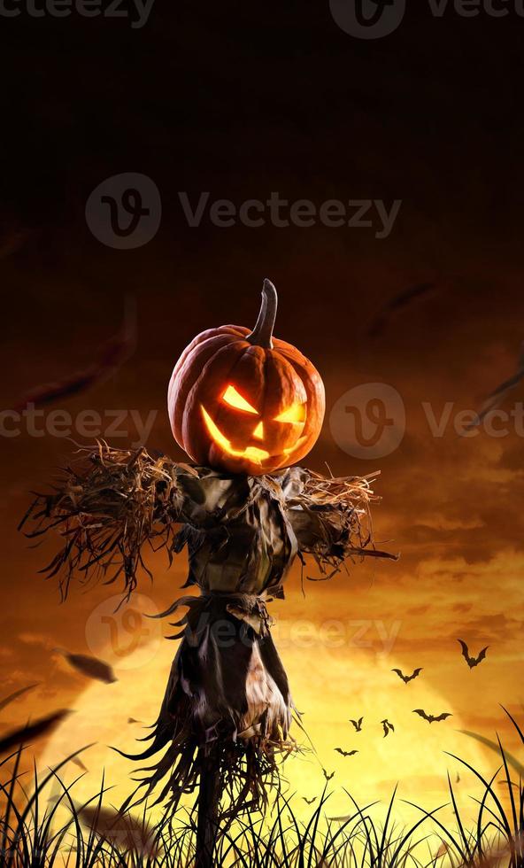 halloween pumpkin scarecrow on a wide field with the moon on a scary night photo