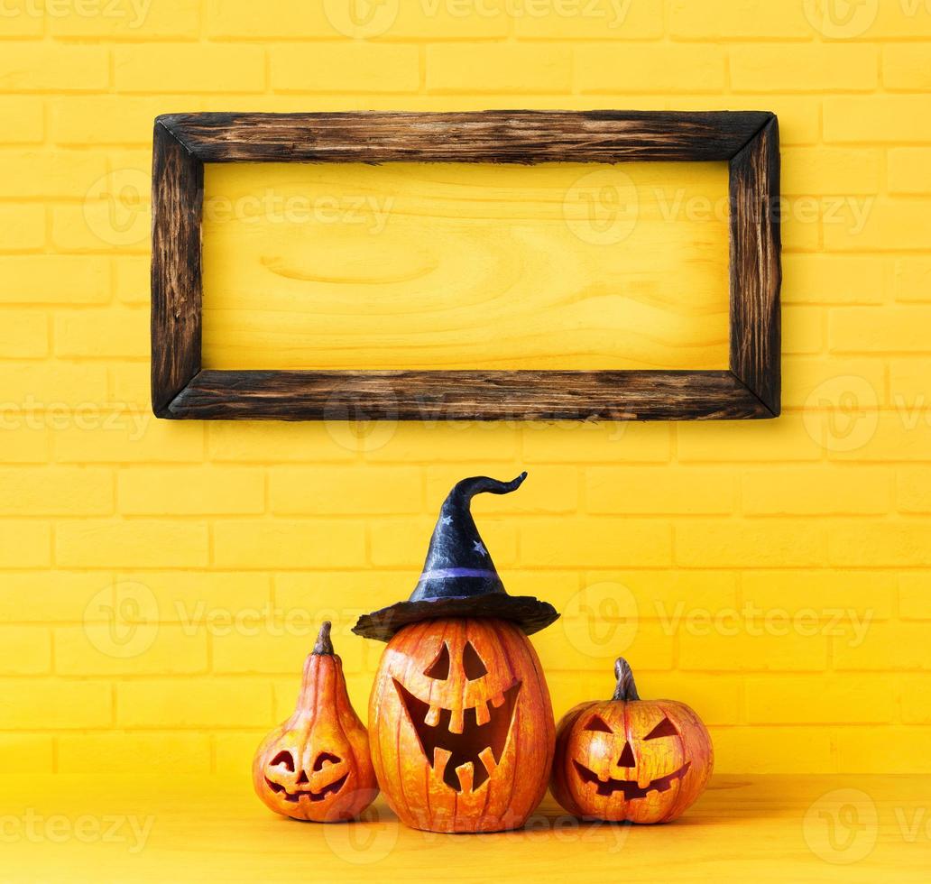 Happy Halloween decoration concept and frame on brick block wall with copy space photo