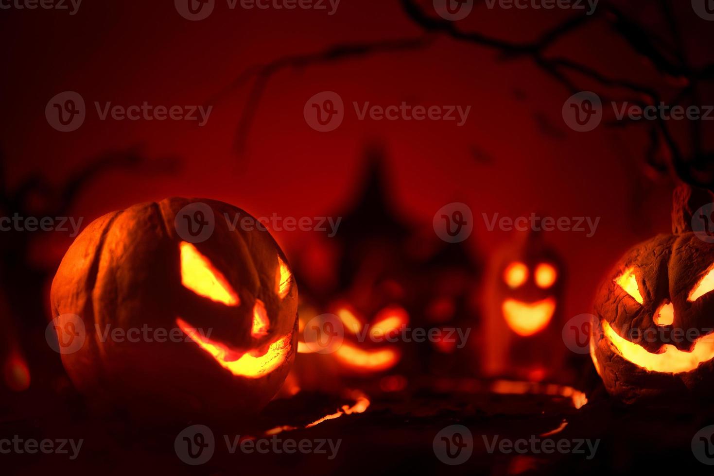 Halloween pumpkins of nightly spooky forest and Castle photo