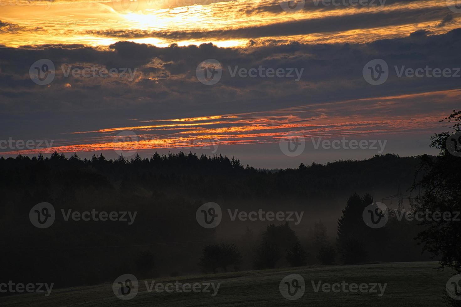 Rising sun on foggy meadow in the morning in Saarland photo