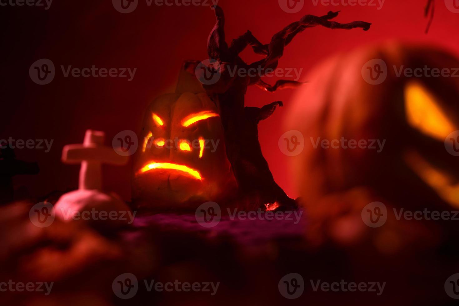 Halloween pumpkins of nightly spooky forest and Castle photo