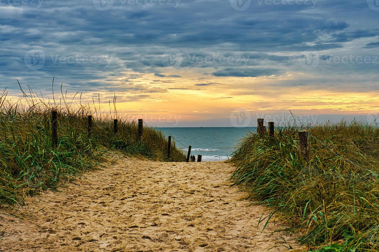 Dune crossing on the beach in Blavand, Denmark overlooking the sea photo