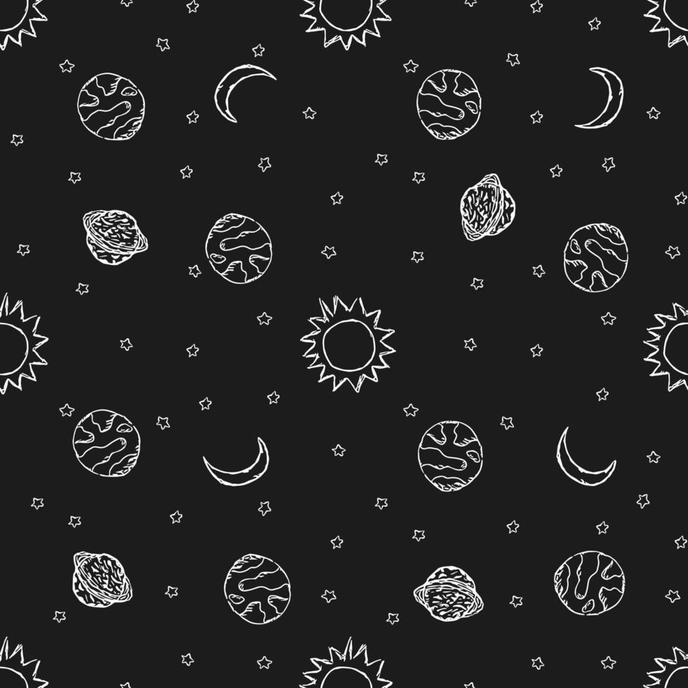 Seamless space pattern. Cosmos background. Doodle vector space illustration with planets, stars, moon, sun