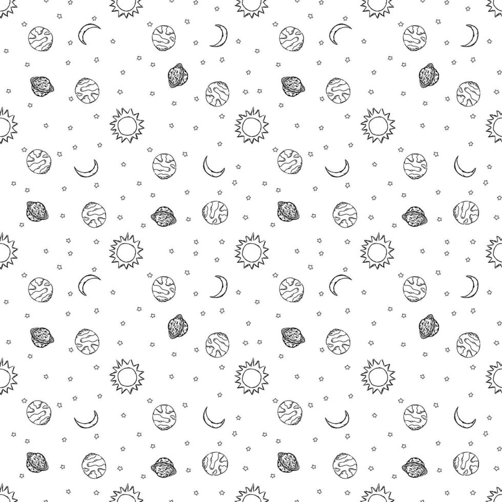 Seamless space pattern. Cosmos background. Doodle vector space illustration with planets, stars, moon, sun