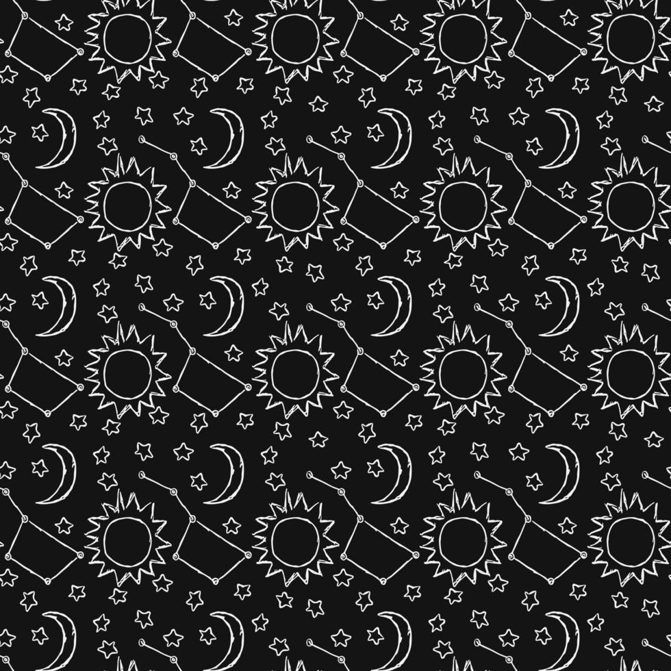 Cosmos background. Doodle vector space illustration with moon, stars and sun Seamless space pattern
