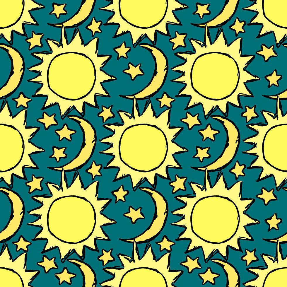 Doodle vector space illustration with moon, stars and sun Seamless space pattern. Cosmos background
