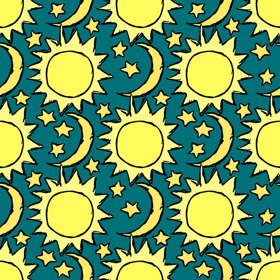 Doodle vector space illustration with moon, stars and sun Seamless space pattern. Cosmos background