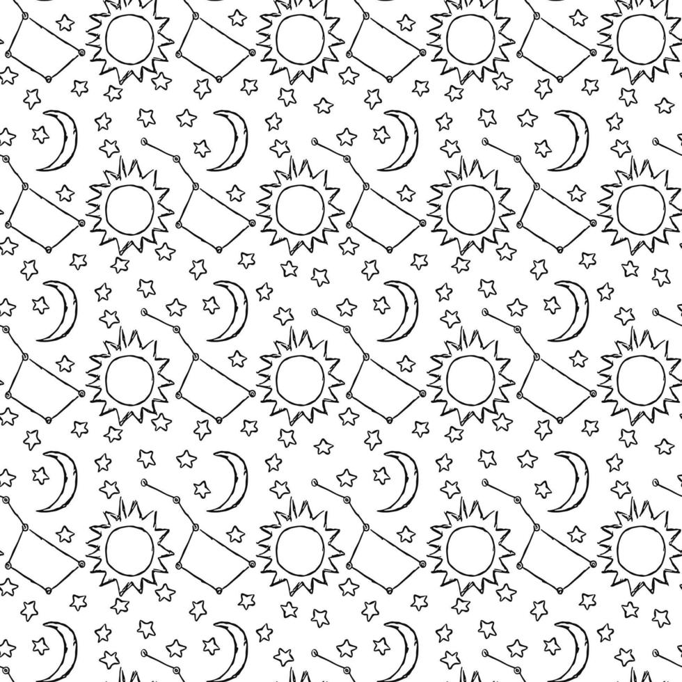 Cosmos background. Doodle vector space illustration with moon, stars and sun Seamless space pattern