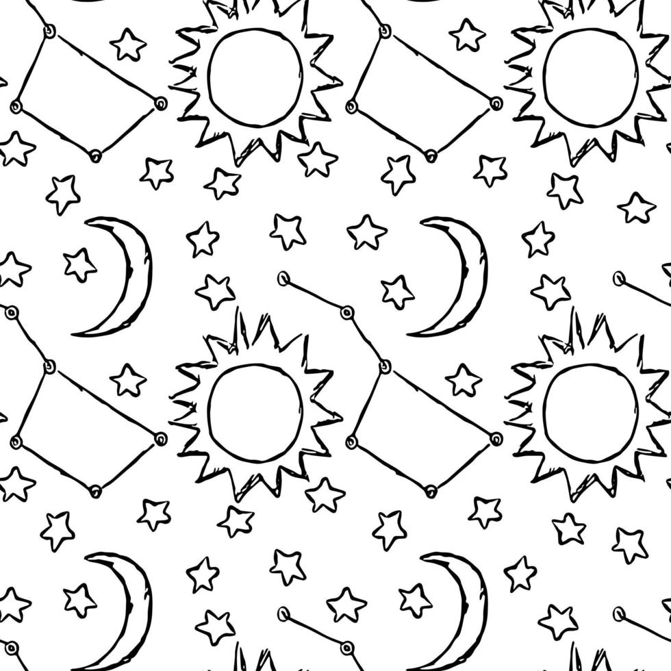 Cosmos background. Doodle vector space illustration with moon, stars and sun Seamless space pattern