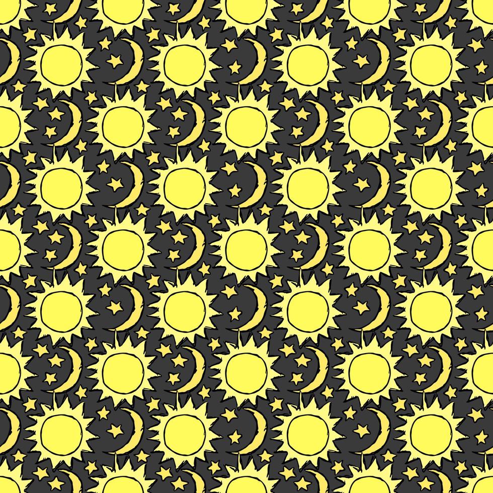 Doodle vector space illustration with moon, stars and sun Seamless space pattern. Cosmos background