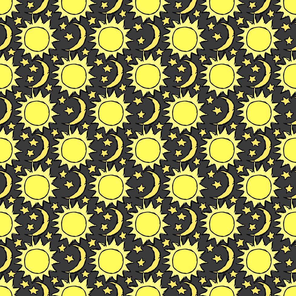 Doodle vector space illustration with moon, stars and sun Seamless space pattern. Cosmos background