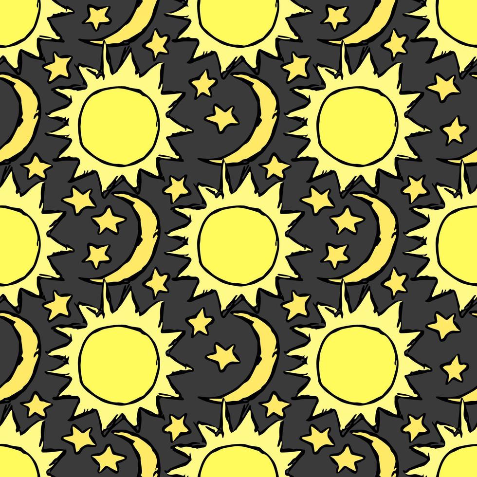 Doodle vector space illustration with moon, stars and sun Seamless space pattern. Cosmos background