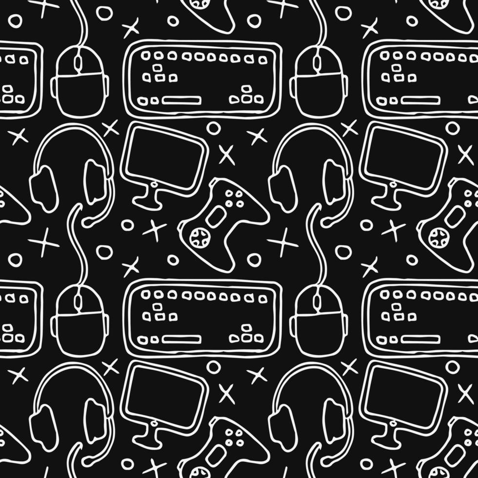 Seamless gaming pattern. Background with gamepad,monitor, keyboard, computer mouse, headphones vector