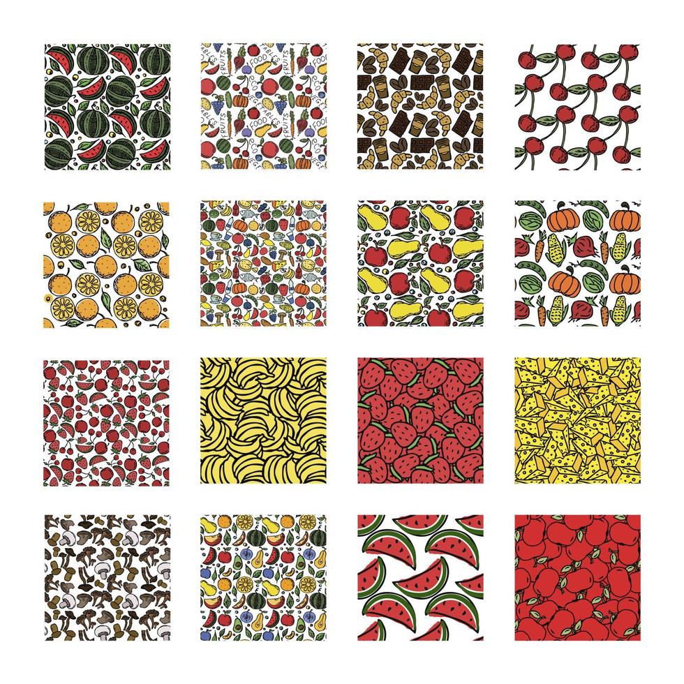 set different seamless food patterns. 16 different doodle vector food backgrounds