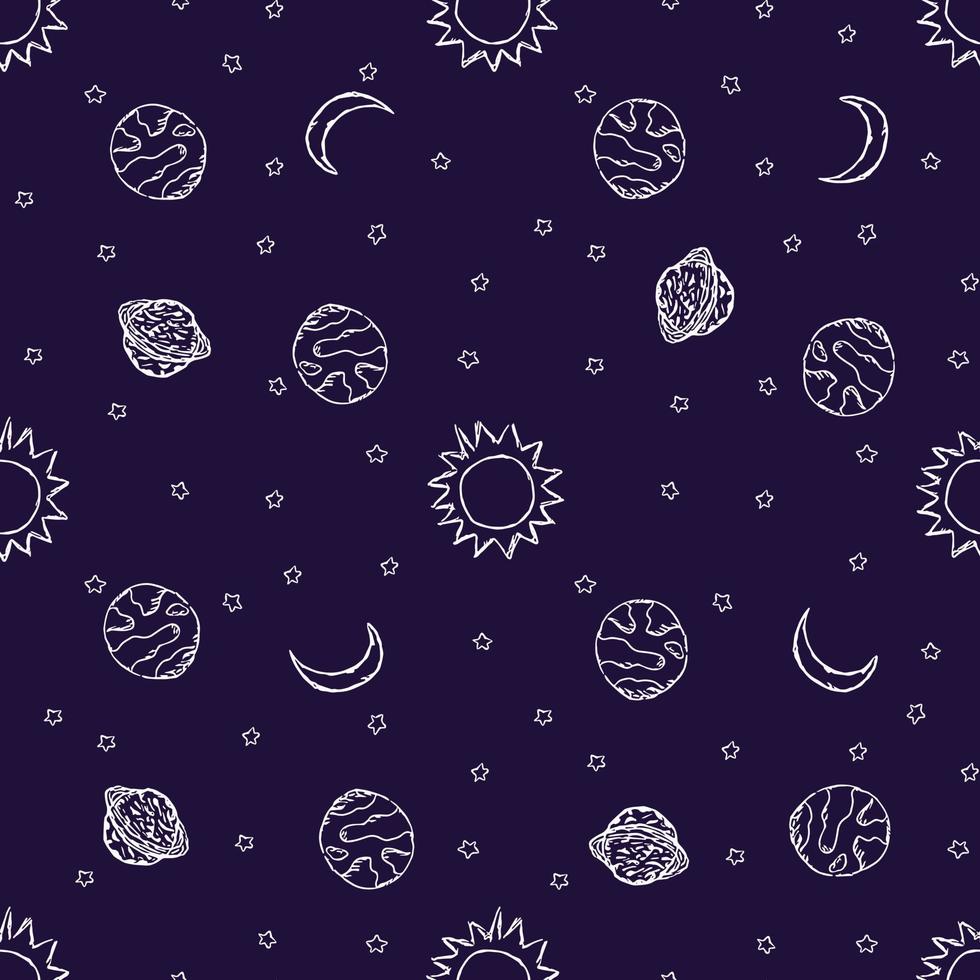 patrón de espacio sin fisuras. fondo del cosmos. ilustración de espacio vectorial de fideos con planetas, estrellas, luna, sol vector